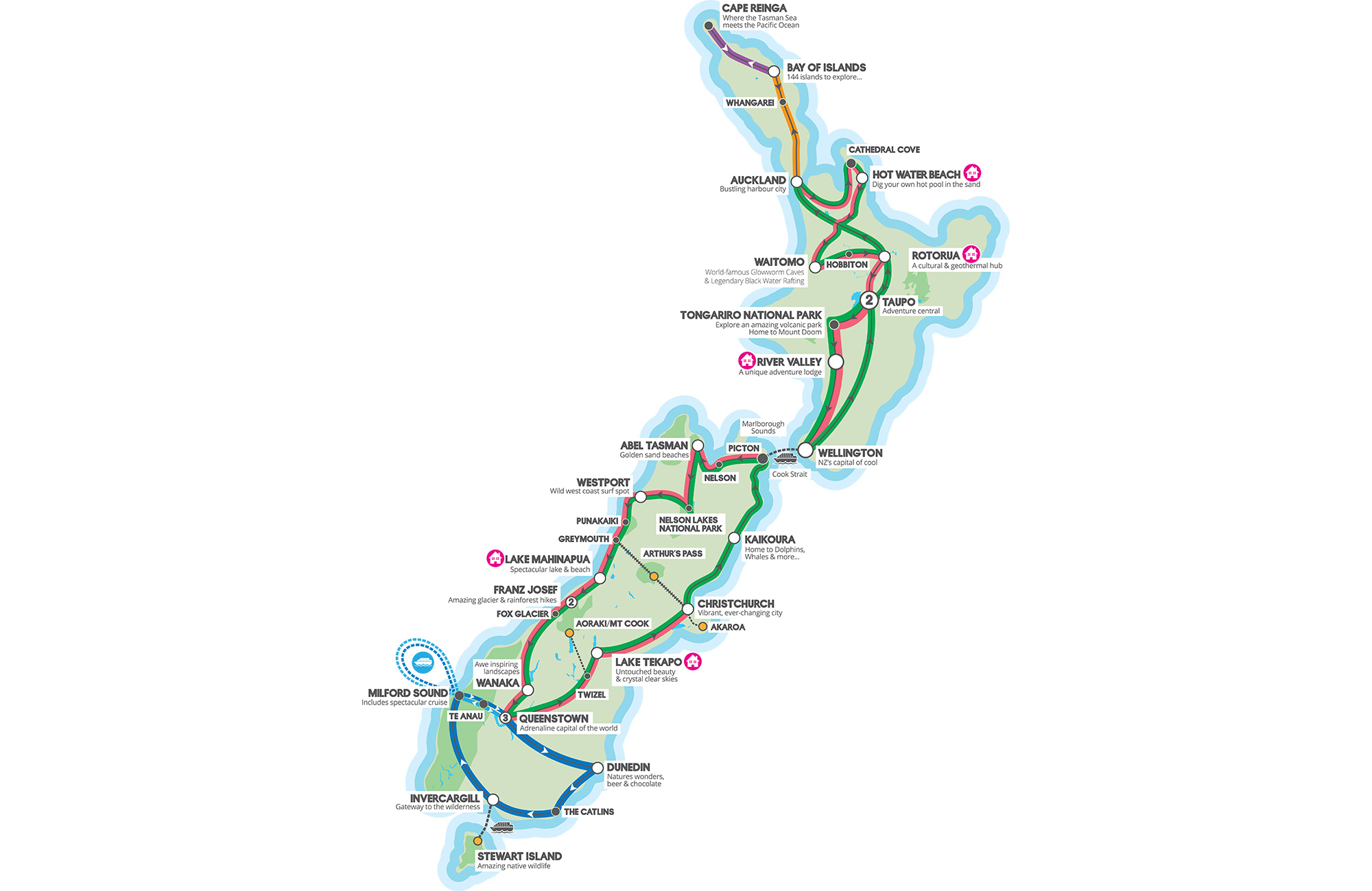 Busnetwerk met routes in Nieuw-Zeeland | Reis met de bus door Nieuw-Zeeland met KIWI Experience | KILROY