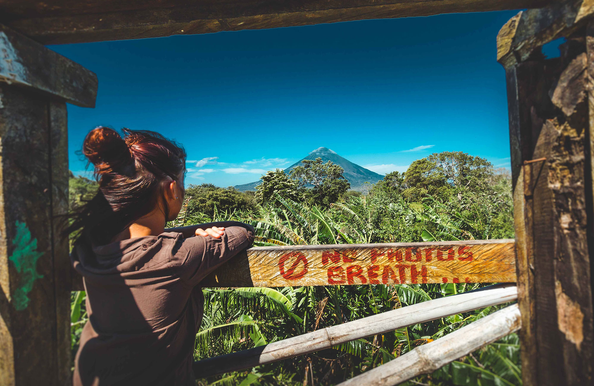 Nicaragua Isla De Ometepe Girl Watching Volcano