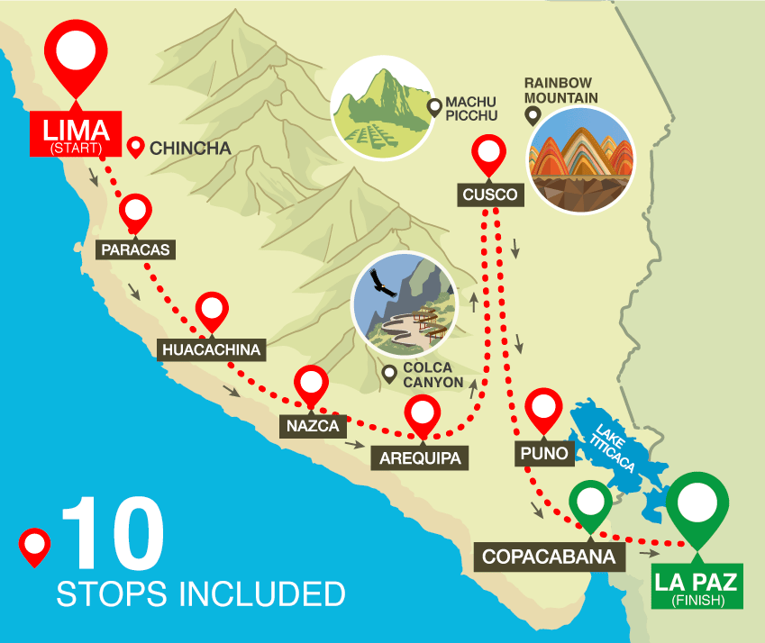 Het Peru Hop netwerk in Peru and Bolivia maakt het mogelijk om alle highlights te bezoeken