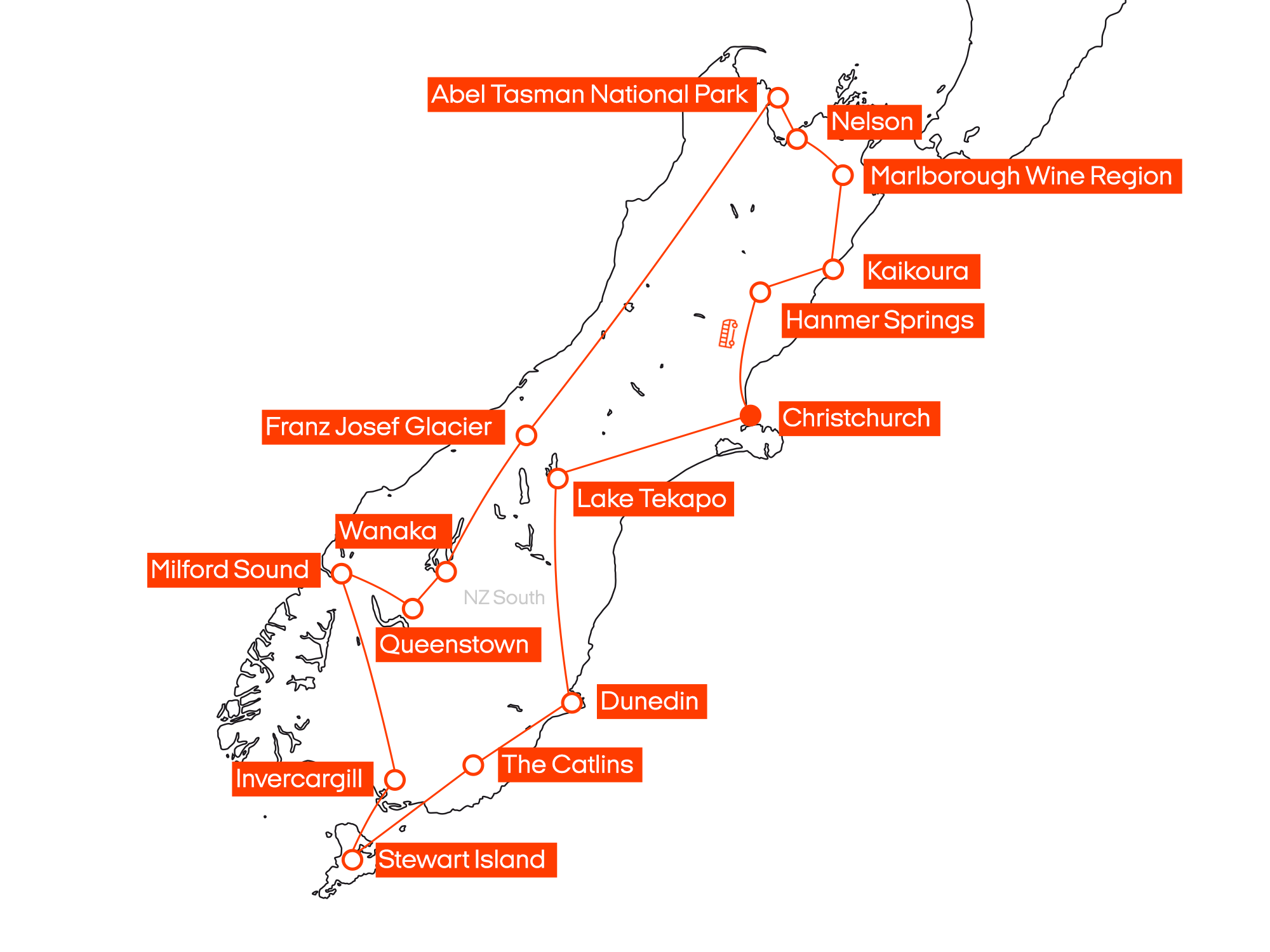 Reisroute langs het Zuidereiland van Nieuw-Zeeland met KILROY