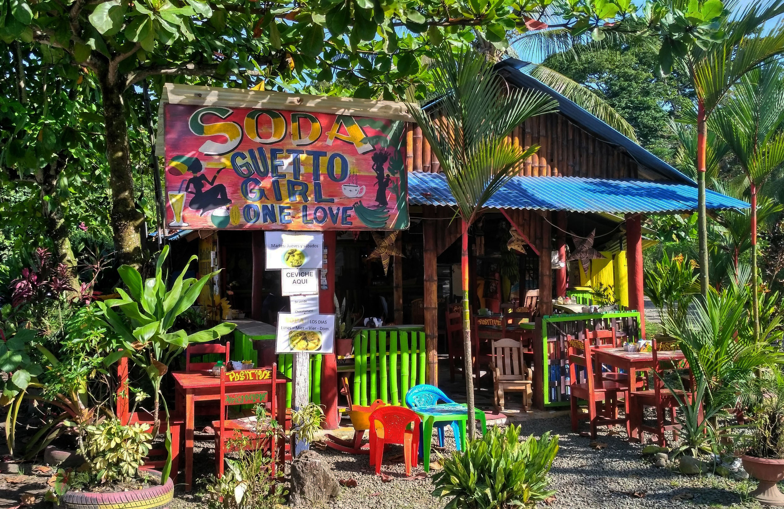 Colourful traditional restaurant in Puerto Viejo, Costa Rica