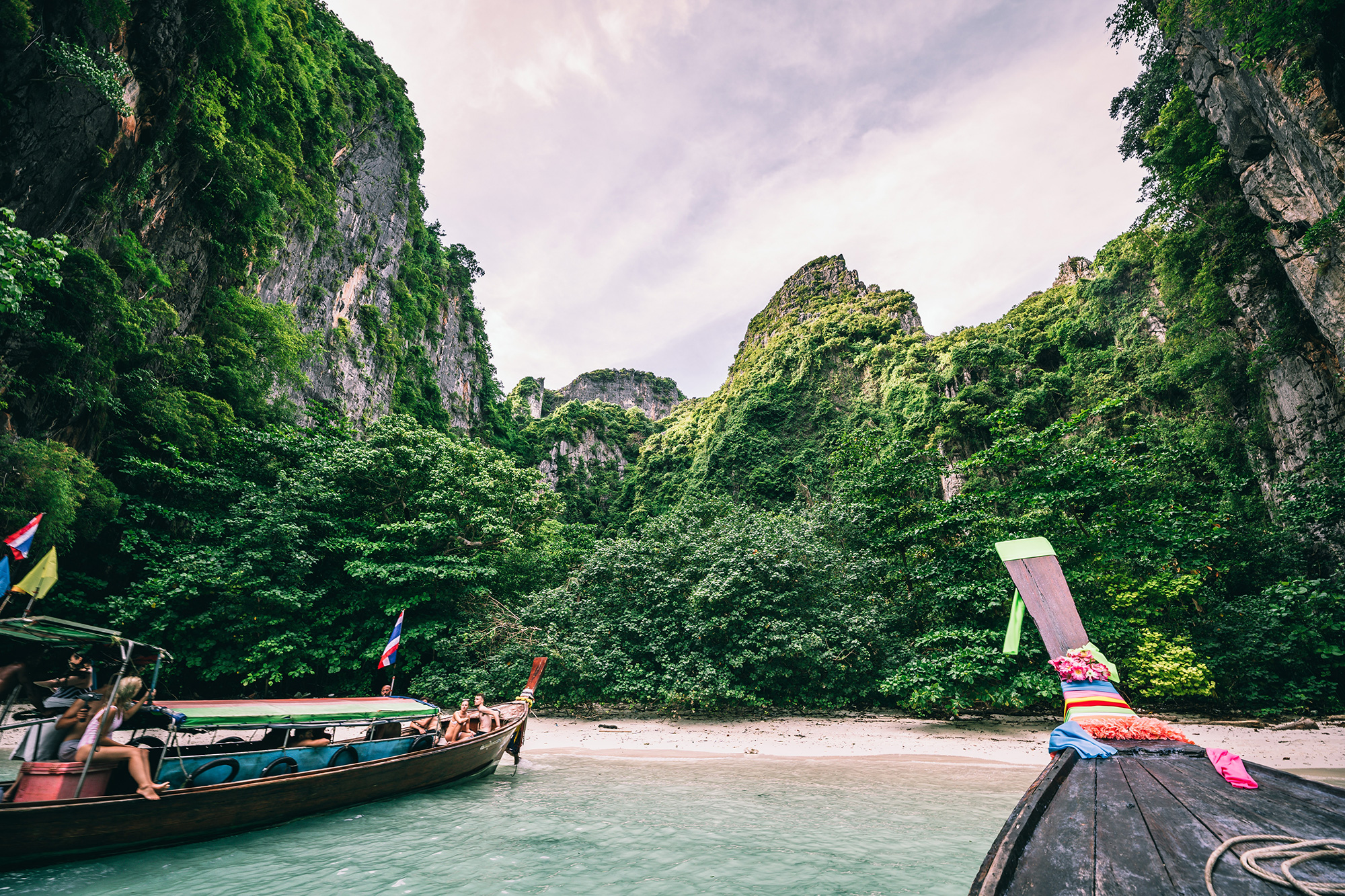 Boats at a beach on the Phi Phi Islands in Thailand